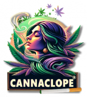 Logo de CANNACLOPE® montrant une femme fumant une cigarette au CBD sans tabac de la marque CANNACLOPE®, entourée de feuilles de cannabis
