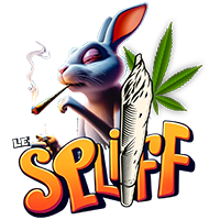 Logo de la marque Le Spliff avec un lapin fumant un pré-roulé CBD, THCP, HHC et une feuille de cannabis